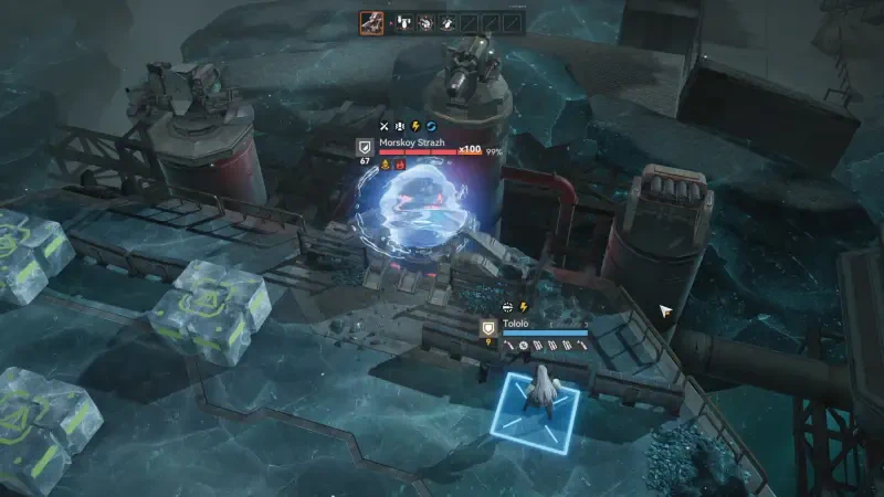A tactical scene from the video game Girls' Frontline 2: Exilium, featuring characters engaged in combat on a futuristic battlefield with strategic elements and environmental hazards.