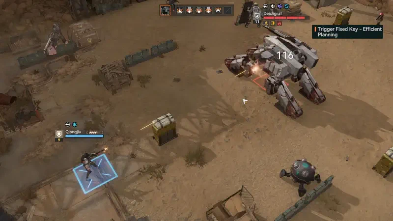 A scene from the video game Girls' Frontline 2: Exilium, featuring a strategic battle with characters moving across a sandy terrain, engaging with a large mech and various obstacles.
