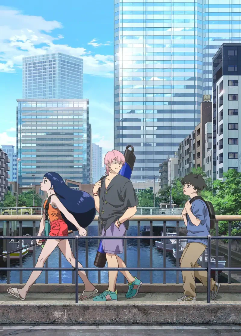 Three characters stroll along a waterfront in an urban setting, featuring a blend of modern buildings and greenery, inspired by the anime Negative Positive Angler.