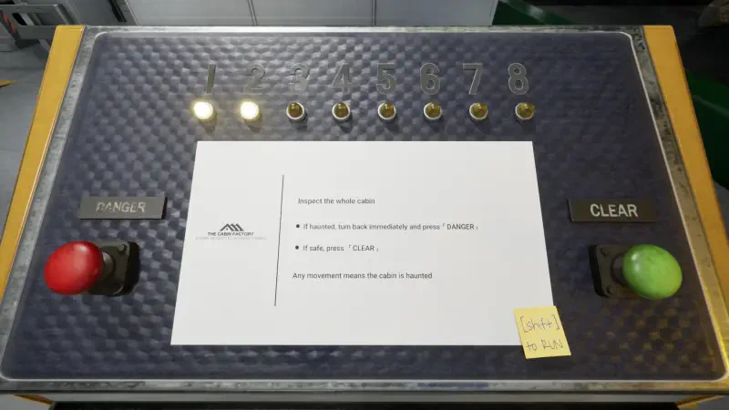 A control panel from the video game The Cabin Factory, featuring buttons and a note, designed for managing in-game tasks and operations.