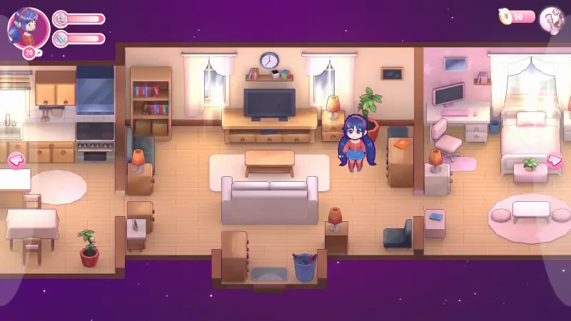 A cozy, colorful living space depicted in the video game MiSide, featuring a character exploring a well-furnished home with a kitchen, living room, and various decorative items.