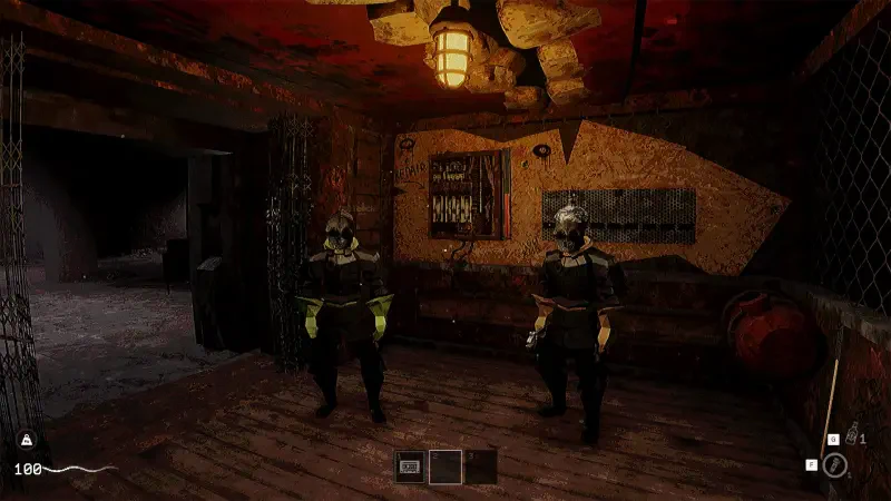 Two characters in dark, ominous outfits stand in a dimly lit room, showcasing a tense atmosphere, as seen in the video game KLETKA. The environment features rustic decor and eerie lighting.