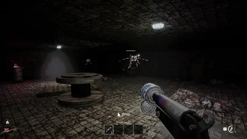 A dark, atmospheric scene from the video game KLETKA, featuring a player aiming a weapon at a mysterious robotic figure in a shadowy environment.