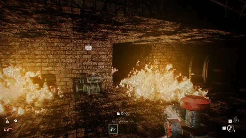 A dramatic scene from the video game KLETKA, featuring a dimly lit environment with flames engulfing a corner and scattered items, creating a sense of tension and urgency.