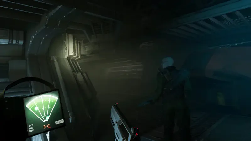 A character navigates a dimly lit corridor in the video game Alien: Rogue Incursion, with a motion detector visible on the left, enhancing the suspenseful atmosphere.