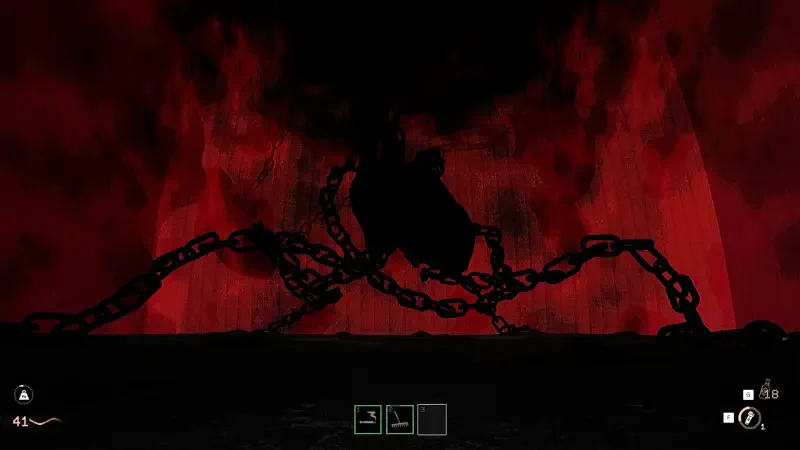 A dark, ominous scene from the video game KLETKA features a shadowy figure against a backdrop of red flames and chains, creating a tense and eerie atmosphere.