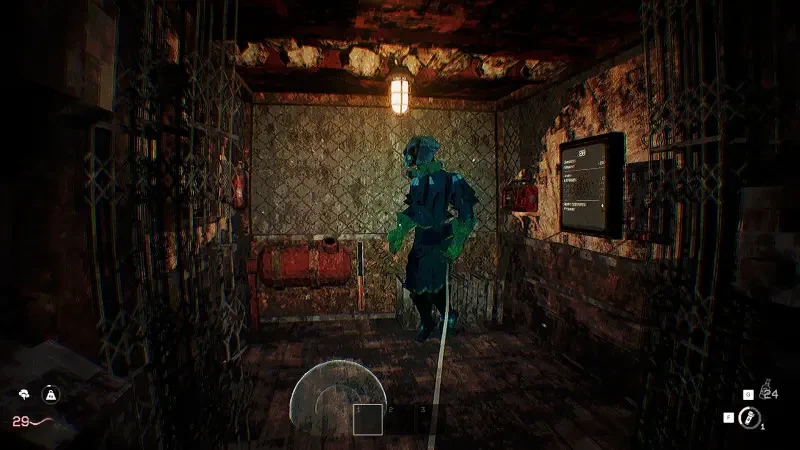 A character in a blue outfit stands menacingly in a dimly lit, confined room, featuring vintage decor and a locked chest, from the video game KLETKA.
