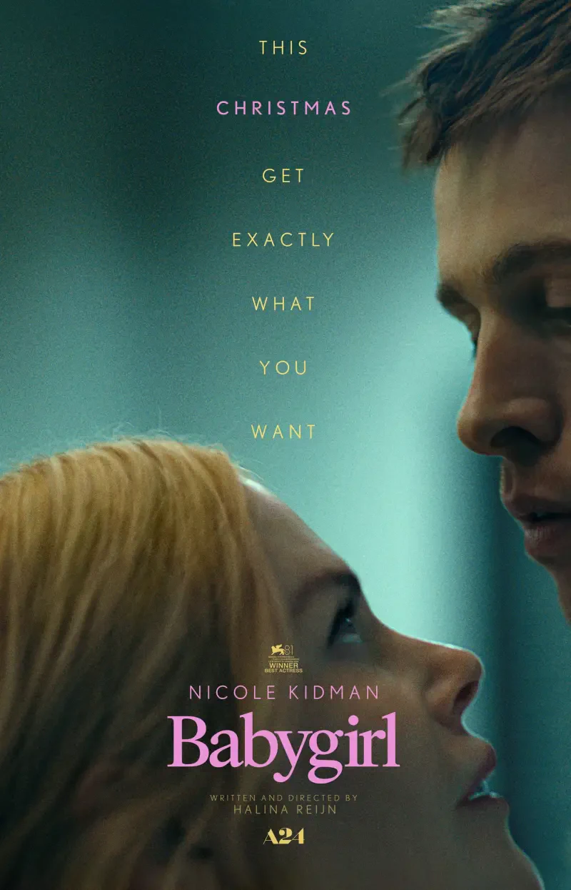 A romantic movie poster for Babygirl, featuring Nicole Kidman, highlights a close moment between two characters with the tagline about Christmas wishes.