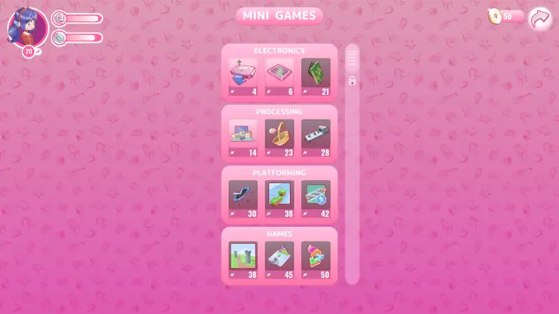 A menu from the video game MiSide showcasing various mini games, organized into categories with icons and score displays against a vibrant pink background.
