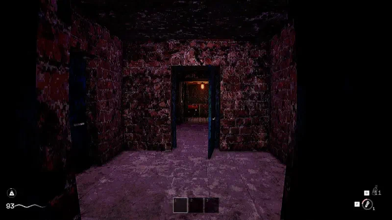 A dimly lit hallway in the game KLETKA, featuring stone walls and doorways leading to unknown spaces, creating an eerie, suspenseful atmosphere.