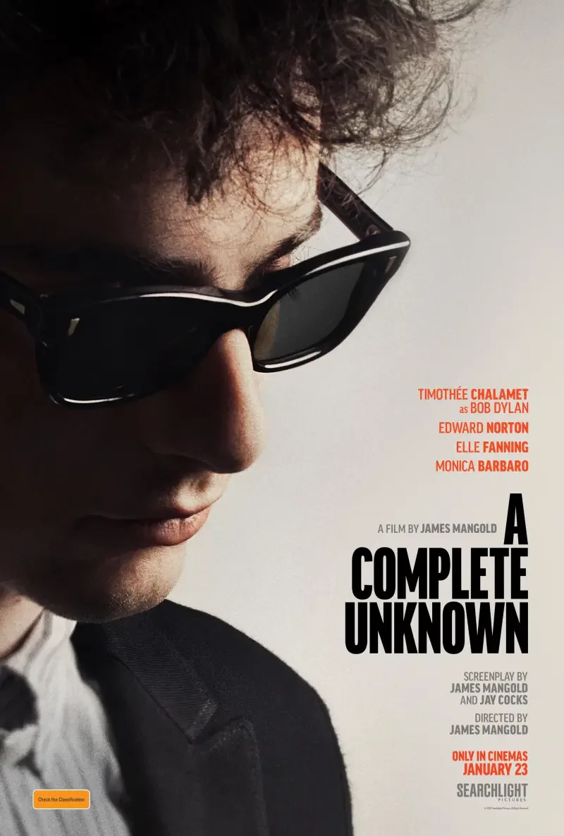 A promotional poster for the film A Complete Unknown, featuring Timothée Chalamet in sunglasses, showcasing a dramatic and mysterious atmosphere. Directed by James Mangold.
