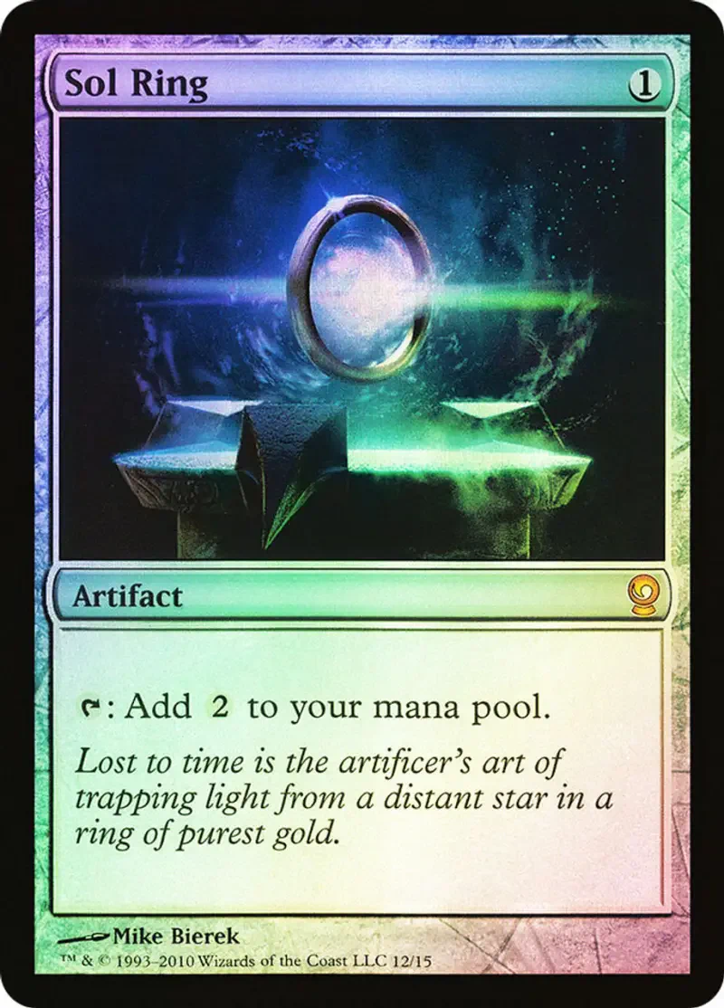 A close-up of the Magic: The Gathering card Sol Ring, showcasing its vibrant artwork and text. The card is an artifact that adds mana to a player's pool.