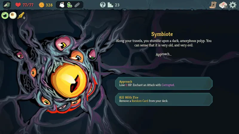 A dark, spore-like creature from Slay the Spire 2, featuring an eye at its center and multiple smaller eyes. Options for interaction include Approach and Kill With Fire.