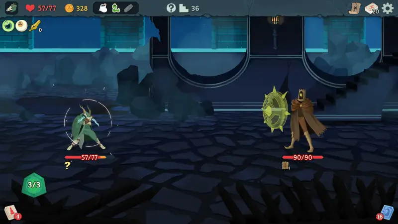 A dynamic scene from Slay the Spire 2 featuring a character preparing to attack an enemy shield, set against a dark, atmospheric backdrop.
