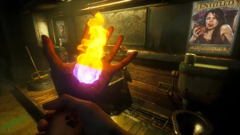 A character from the video game Judas (2025) holds a glowing orb surrounded by flames in a dimly lit, mysterious setting, hinting at intense gameplay and supernatural elements.