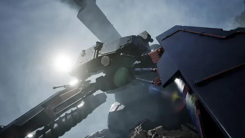 A detailed view of a mechanical structure from the video game Metal Gear Solid Δ: Snake Eater, showcasing futuristic design against a bright, cloudy backdrop.