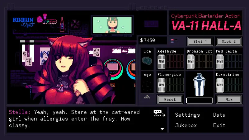 A scene from VA-11 Hall-A: Cyberpunk Bartender Action featuring a character named Stella, who comments humorously while surrounded by a vibrant bar interface.