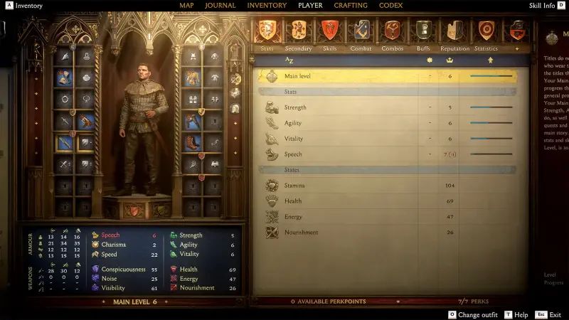 A character profile screen from the video game Kingdom Come: Deliverance II, showcasing stats, inventory, and attributes for character development and gameplay strategy.