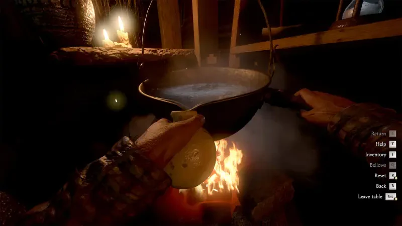 A character in Kingdom Come: Deliverance II stirs a pot over a fire, surrounded by a dimly lit interior. The ambiance suggests a focus on medieval life and survival.