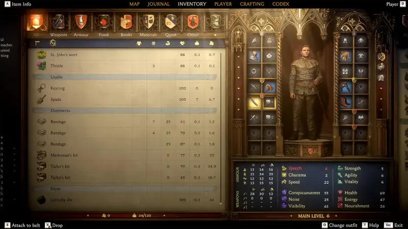 Screenshot from the video game Kingdom Come: Deliverance II, showcasing character stats and inventory management alongside an armored character display.