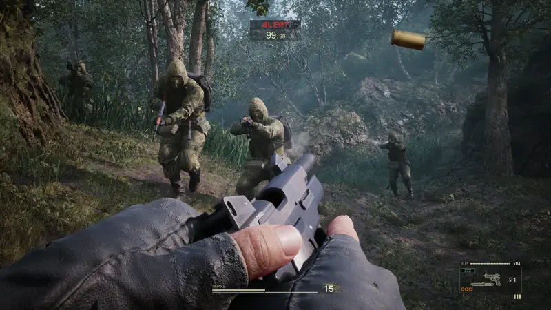 A player aims a handgun in a dense forest while facing multiple armed enemies in a scene from Metal Gear Solid Δ: Snake Eater. Tension and strategy are key elements of the gameplay.