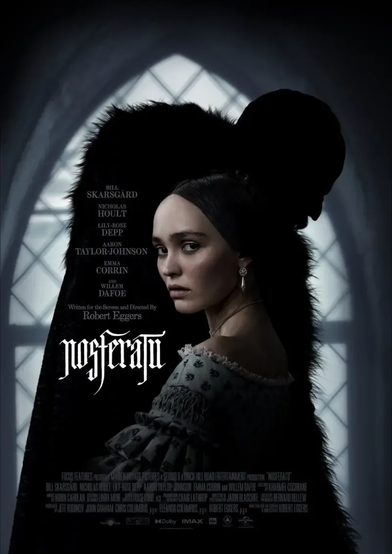 A haunting poster for Nosferatu (2024) features a woman in period attire, with a dark silhouette looming behind her, capturing a mysterious and eerie atmosphere.