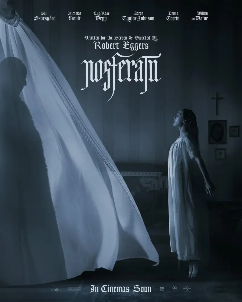 A haunting promotional poster for Nosferatu (2024) directed by Robert Eggers, featuring a mysterious figure and a girl in a dimly lit room. Coming to cinemas soon.