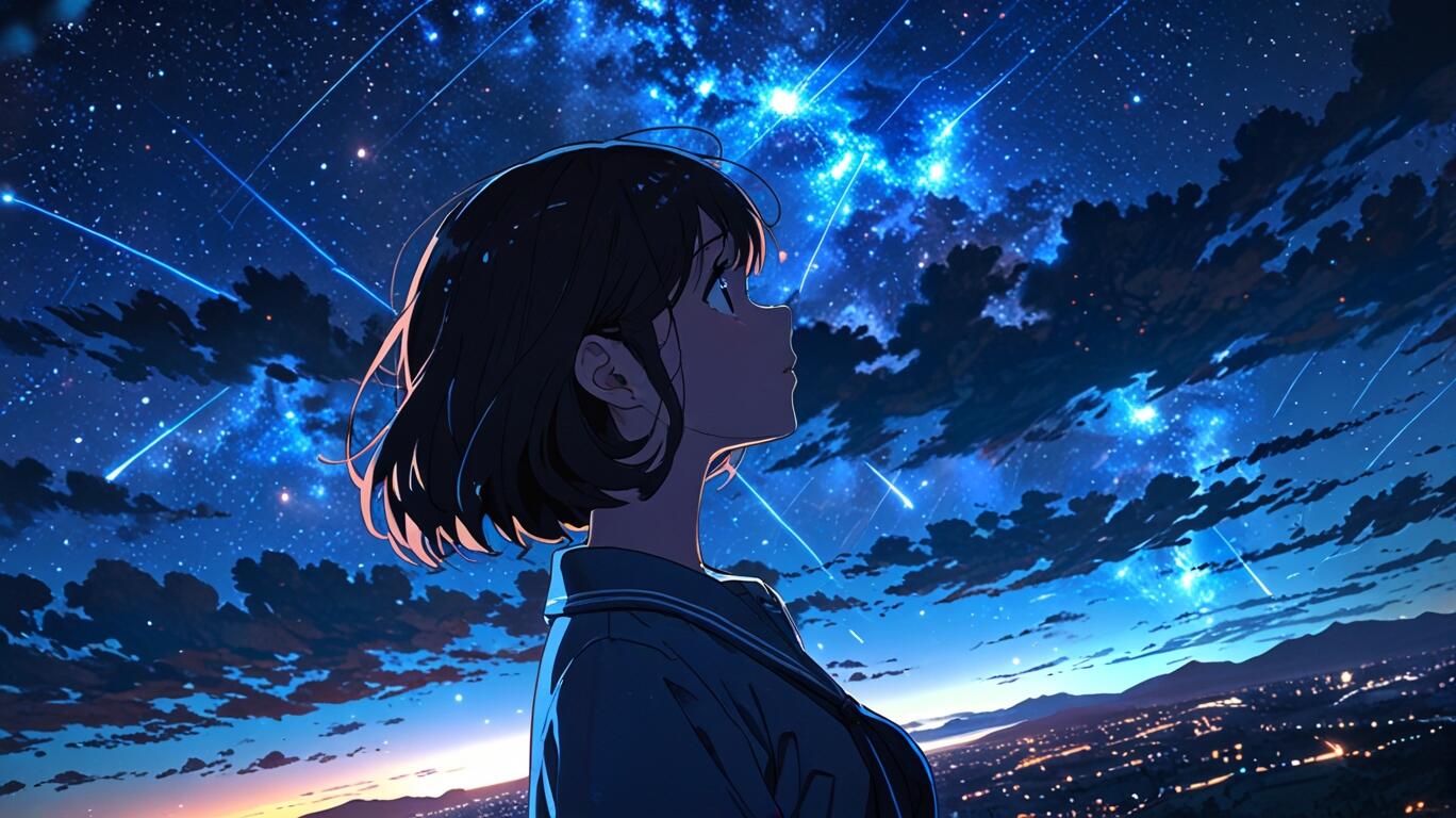 Anime girl in profile gazes up at a vivid, star-filled blue sky with glowing nebulae and shooting stars above a twilit cityscape.
