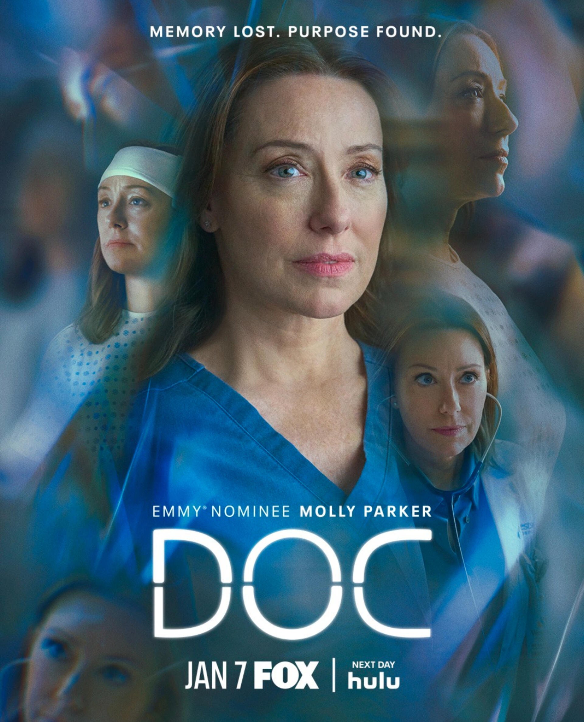 A promotional image for the TV show Doc, featuring Emmy nominee Molly Parker. The tagline reads Memory lost. Purpose found, with a premiere date of January 7 on FOX.