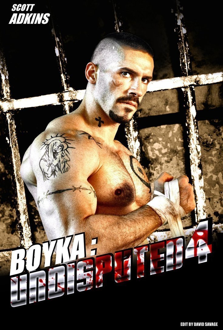 Promotional image for the movie Boyka: Undisputed IV featuring Scott Adkins shirtless with tattoos, standing in front of a barred window.