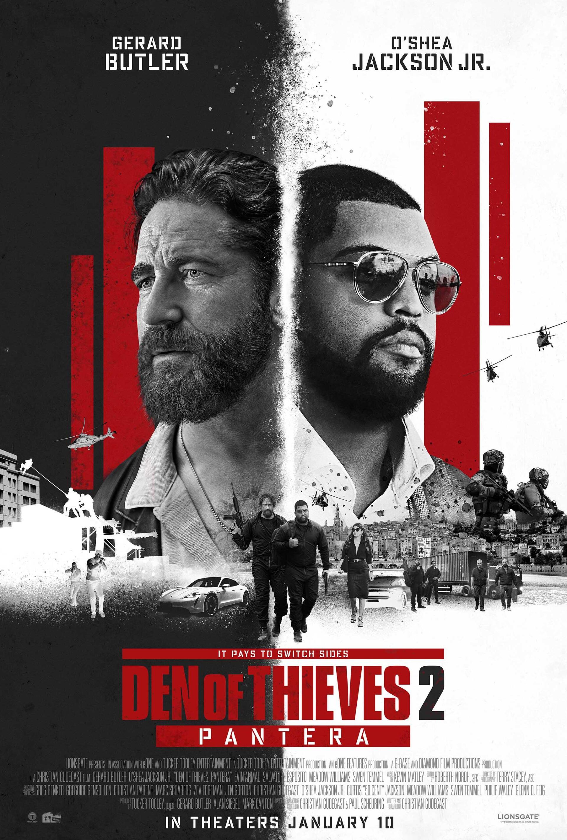 Promotional poster for Den of Thieves 2: Pantera, featuring Gerard Butler and O'Shea Jackson Jr., showcasing themes of crime and conflict, with a release date of January 10.