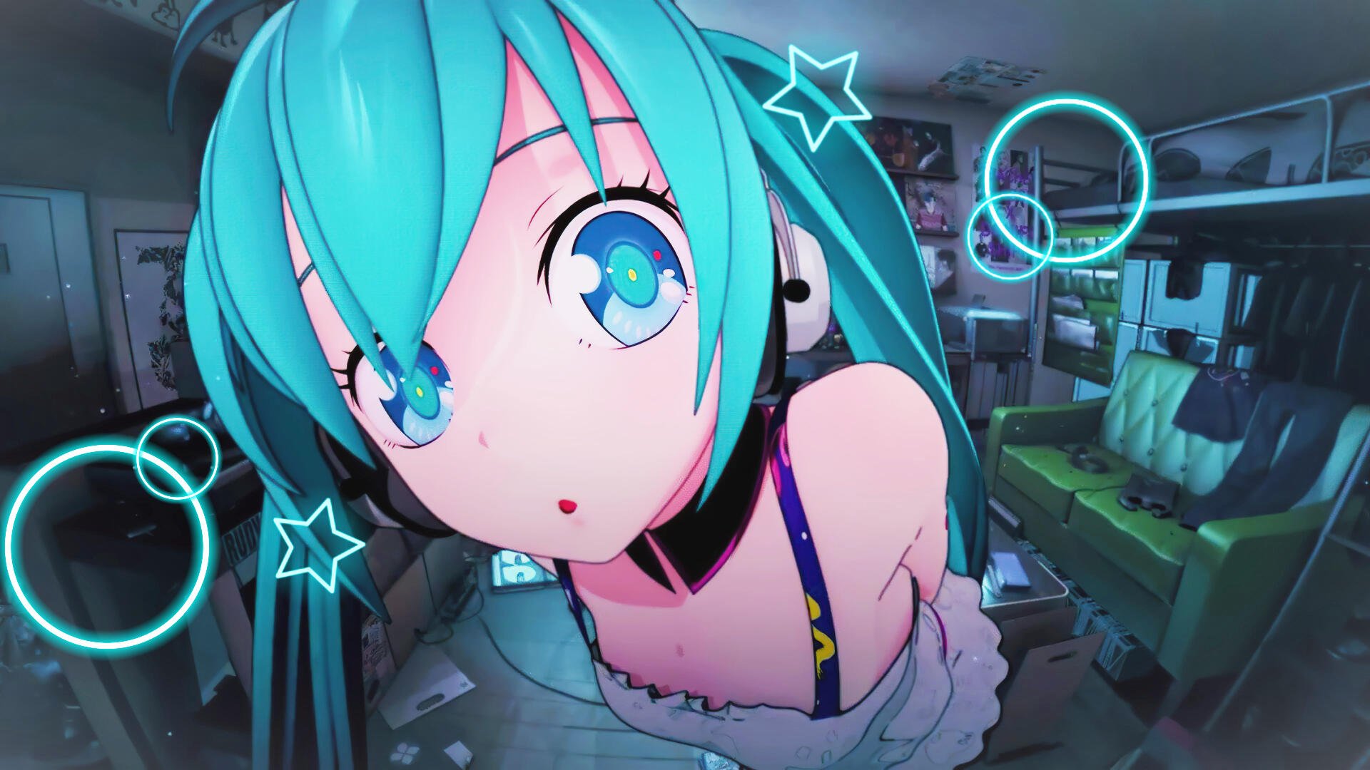 Maglietta Uomo Hatsune Miku – Anime Cartoon Circle Frame, Nero, Cotone, Manica Corta, Ufficiale