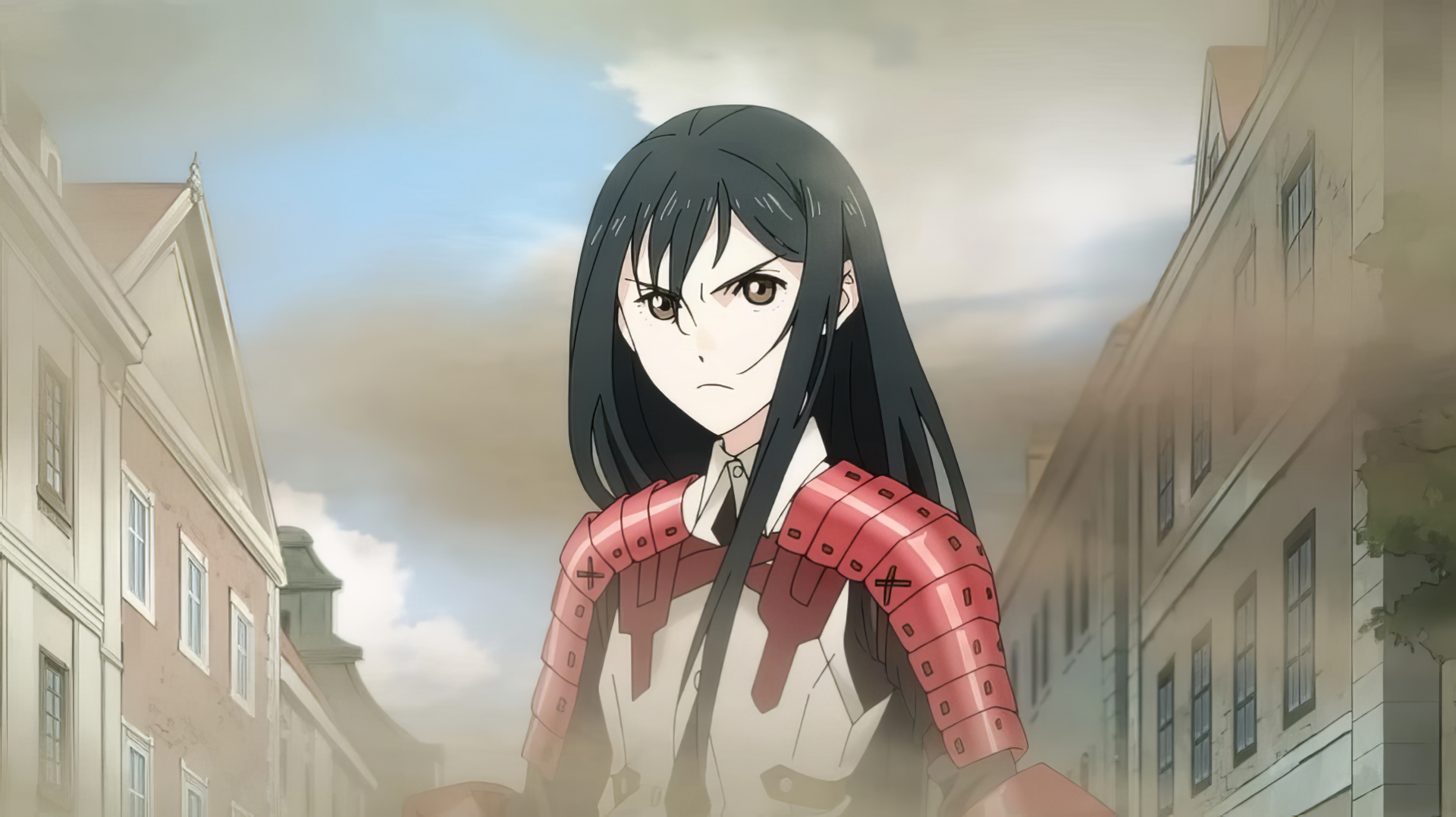 A determined character stands in a street, wearing armor with a fierce expression. This scene is from the anime I Left My A-Rank Party to Help My Former Students Reach the Dungeon Depths!