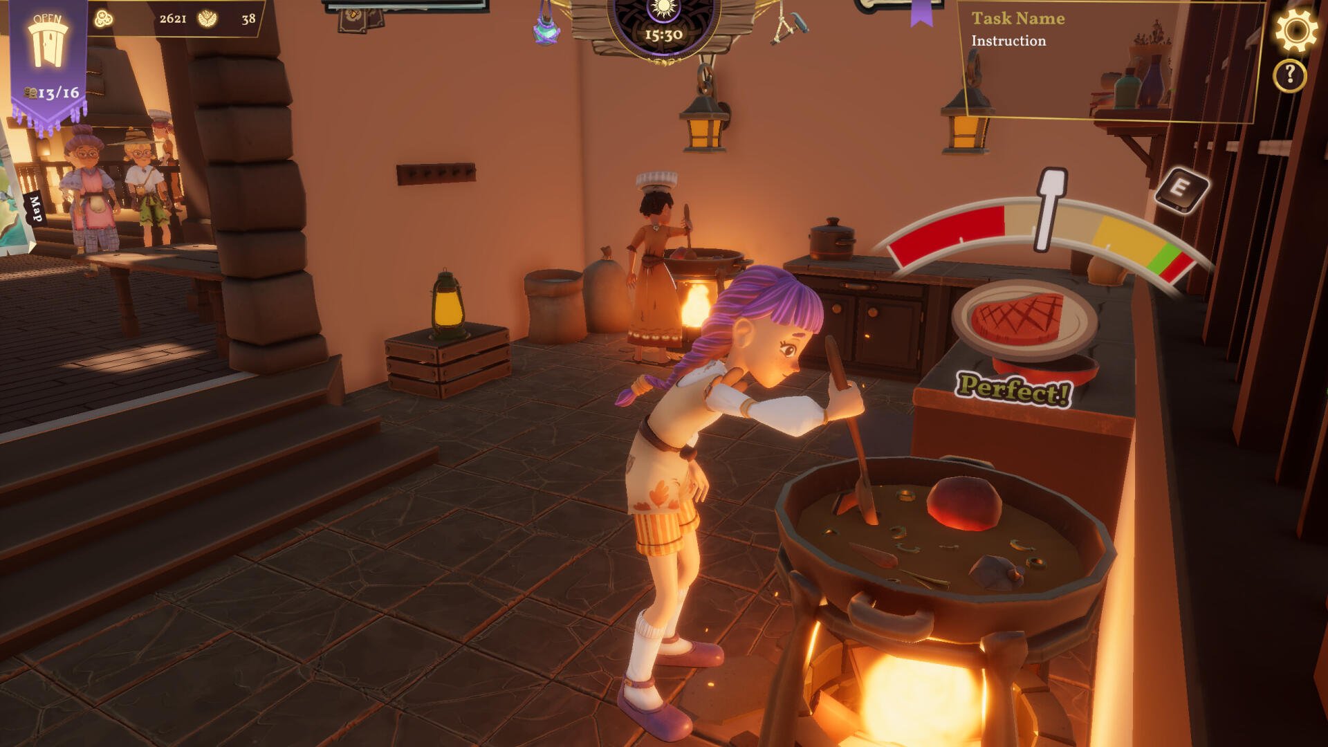 A character stirs a colorful potion in a cauldron inside the Magic Inn, with various ingredients scattered around and a warm glow from the fire, creating an enchanting atmosphere.