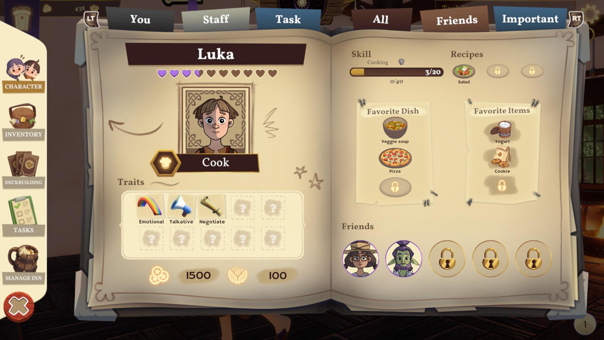 An interface from the video game Magic Inn displaying a character profile for Luka, detailing skills, favorite dishes, and a friendship list.