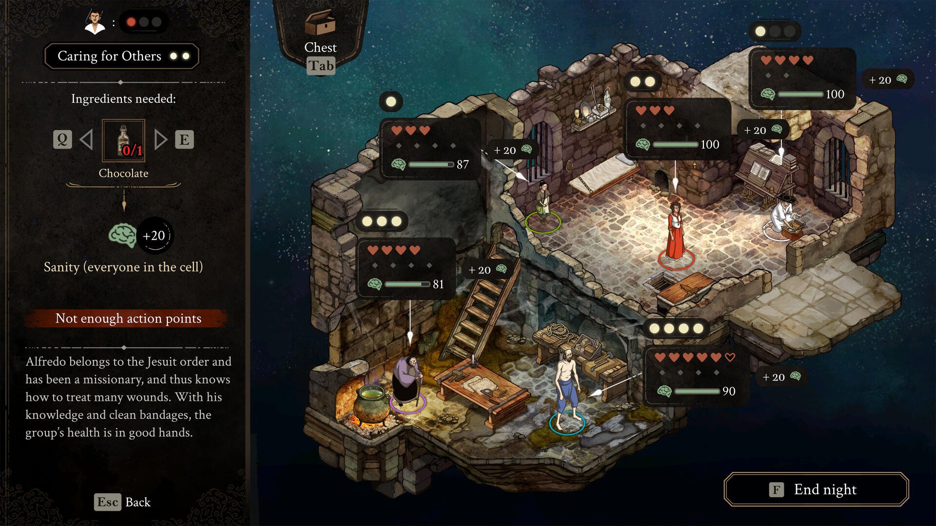 A gameplay scene from The Stone of Madness, featuring a character in a stone structure, managing ingredients and sanity while interacting with other characters.