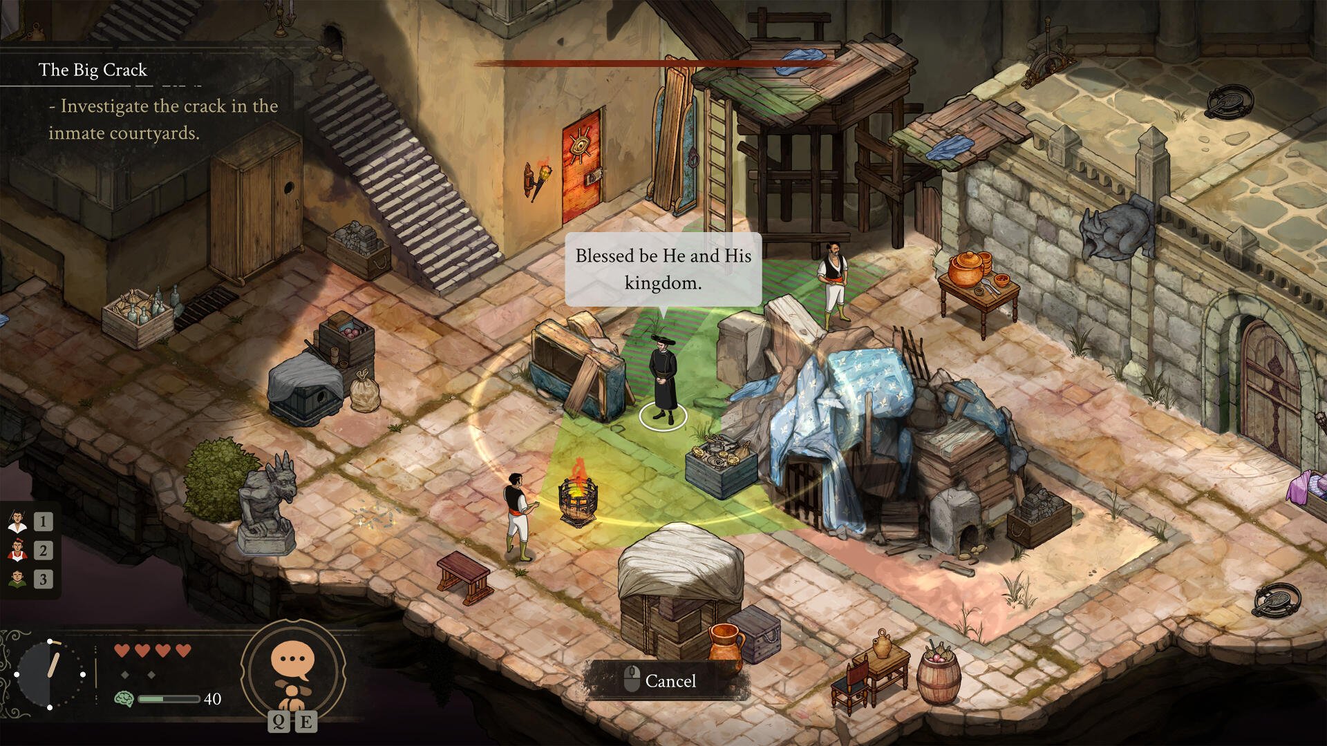 In The Stone of Madness video game, characters engage in dialogue in a detailed, vibrant environment, as they investigate a crack in the kingdom's landscape.