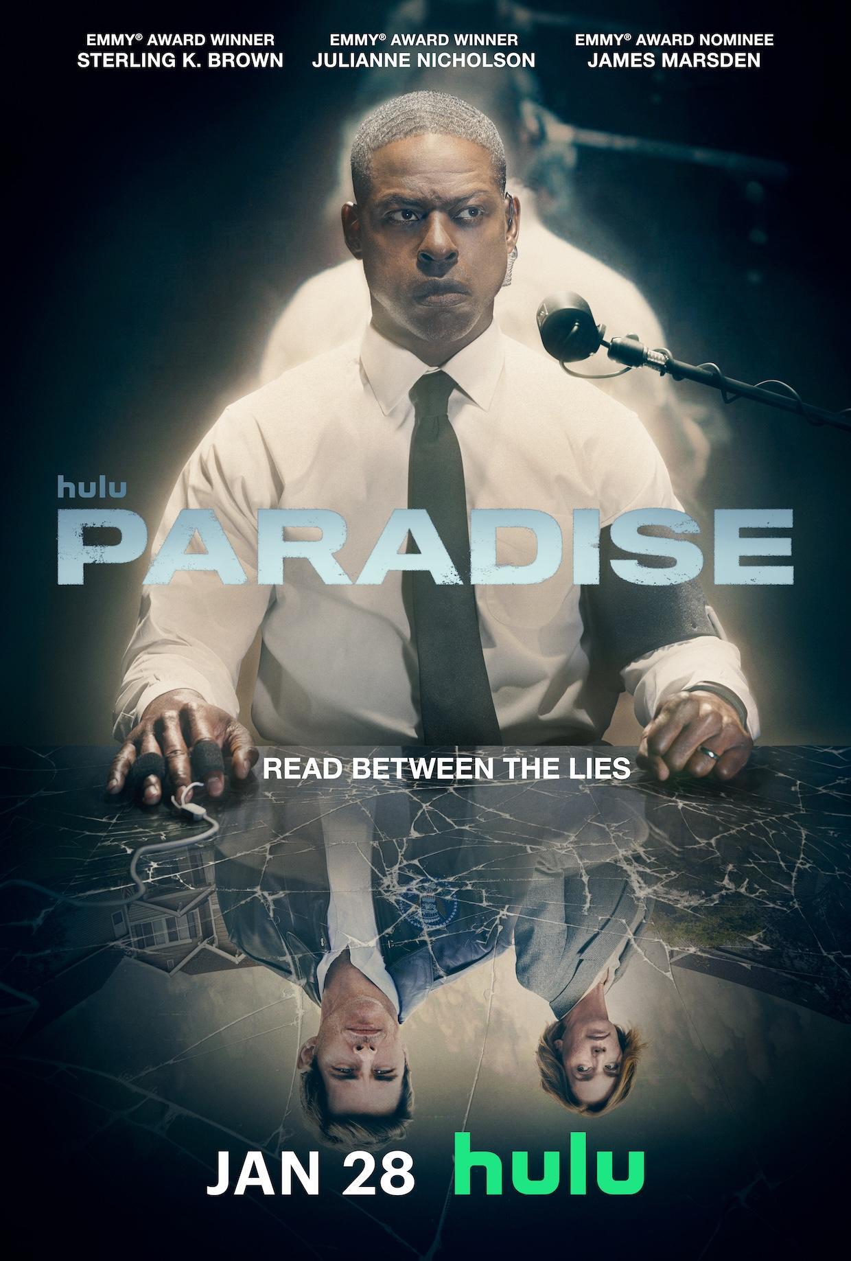 A dramatic poster for the TV show Paradise on Hulu features a man at a microphone, reflecting on a surface while surrounded by shadows, promising a narrative full of intrigue.
