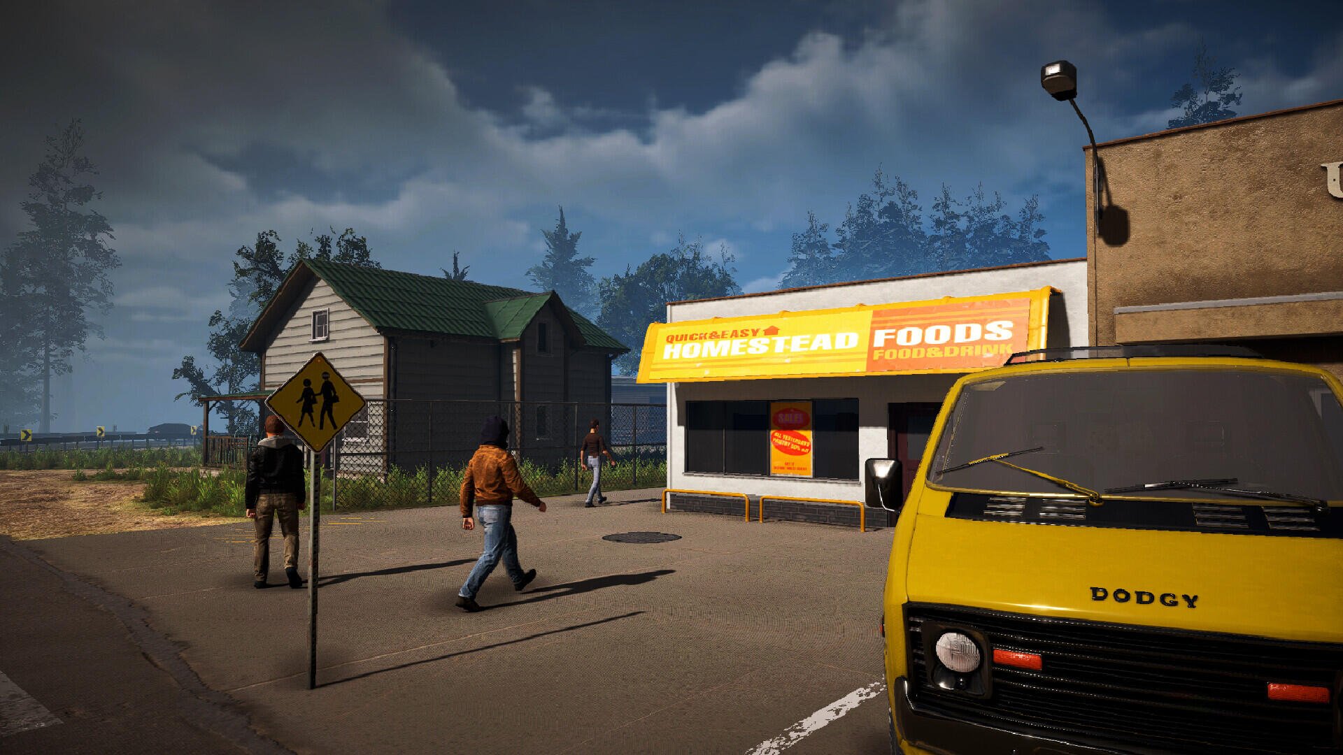A scene from the video game Streamer Life Simulator 2, showcasing a yellow van in front of a store, with pedestrians walking in a rural setting under a cloudy sky.