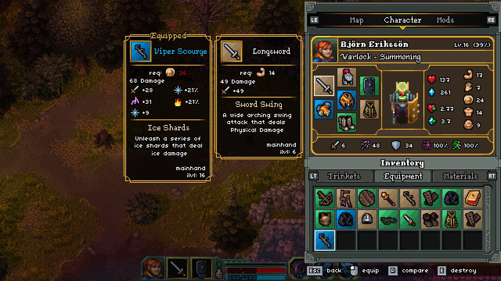 Screenshot from the game Heroes of Hammerwatch II, displaying equipped items, stats, and character inventory within a fantasy RPG environment.