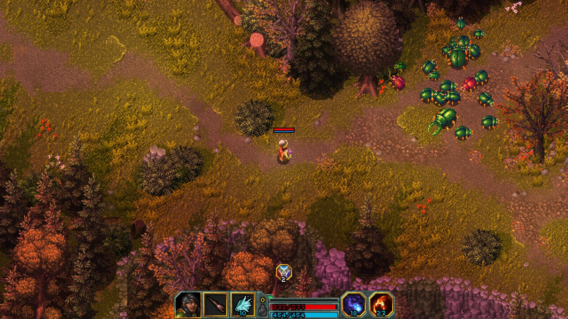 An overhead view of a vibrant landscape in Heroes of Hammerwatch II, featuring a character navigating through colorful foliage and encountering various creatures.