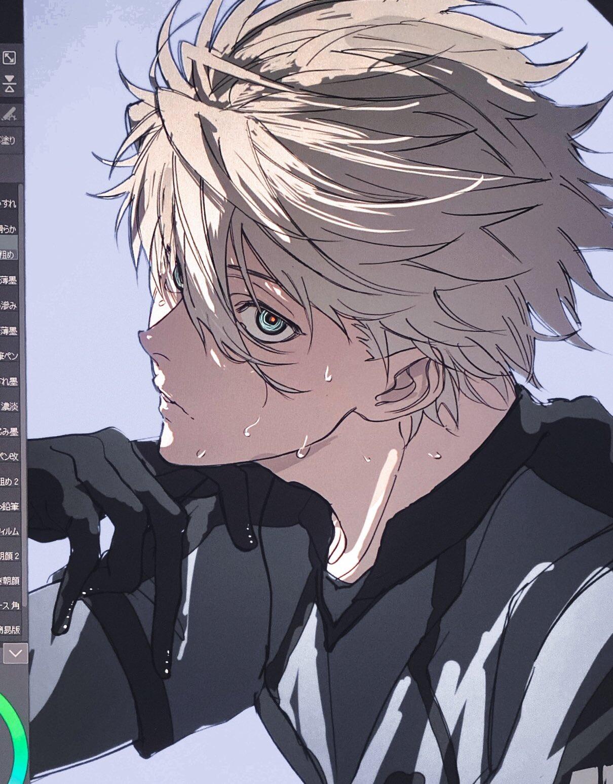 Seishiro Nagi from Blue Lock with tousled blond hair and intense blue eyes, shown sweating and gazing thoughtfully to the side against a pale background.