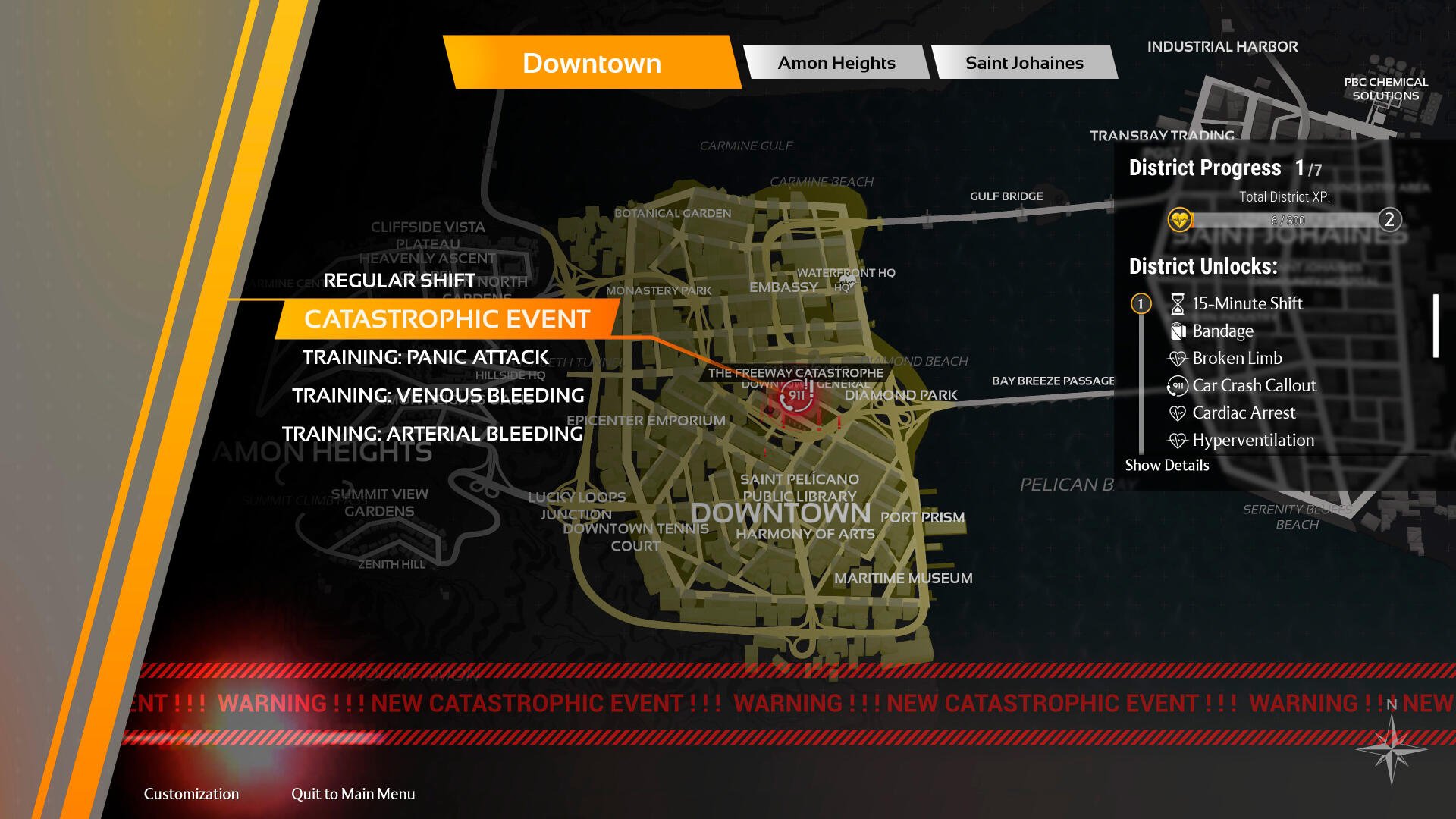 Map interface from Ambulance Life: A Paramedic Simulator, showing the downtown area with training events and a highlighted catastrophic event location.