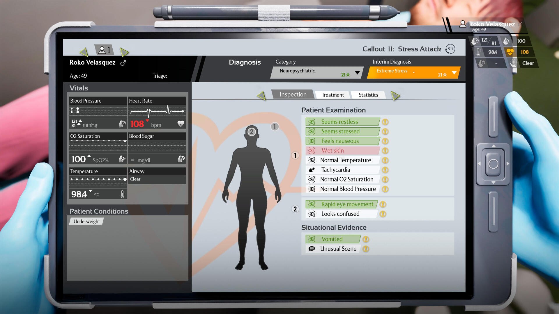 A screenshot from Ambulance Life: A Paramedic Simulator displays a diagnostic tablet showing patient examination details and vital signs during gameplay.
