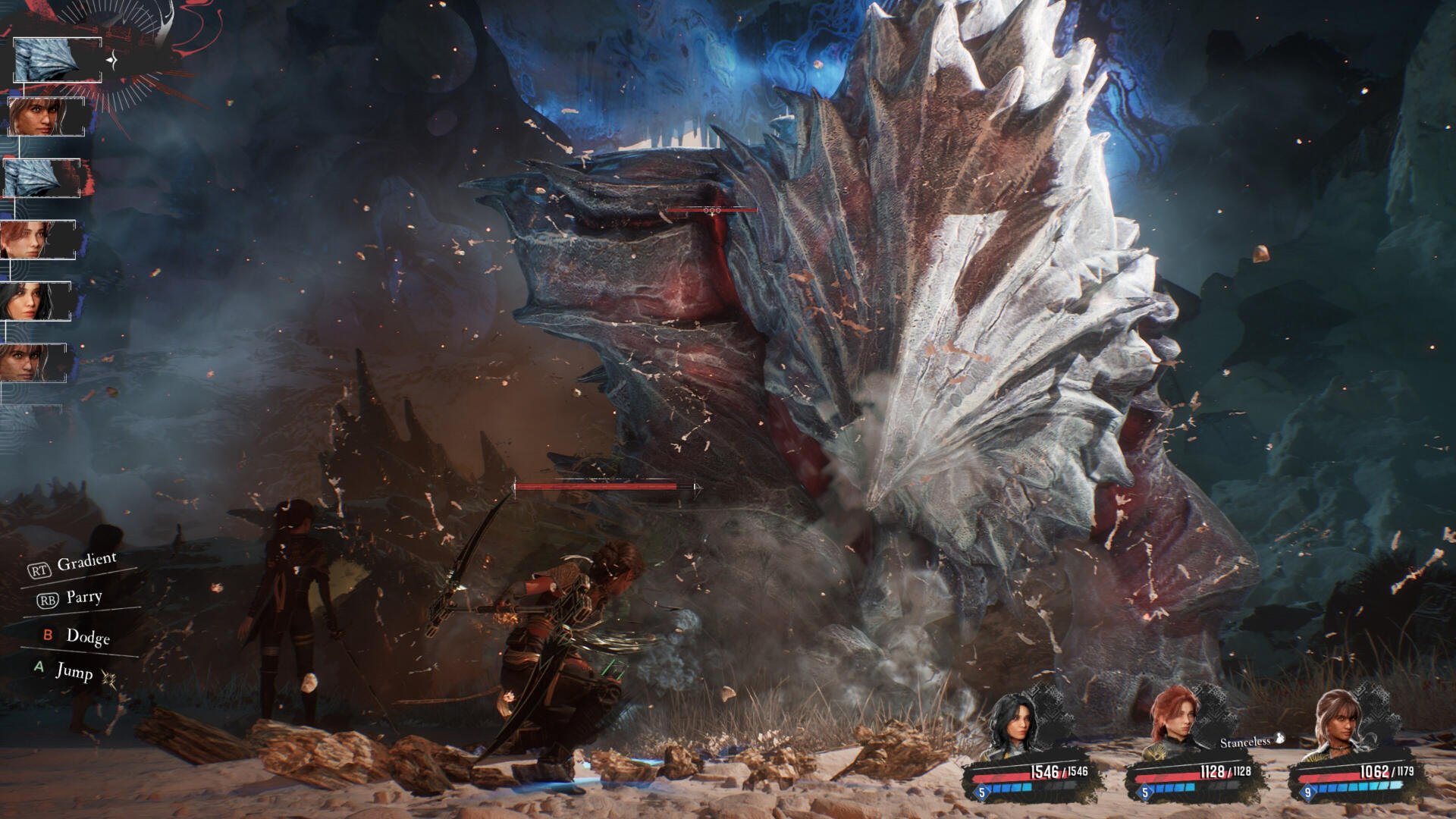 A scene from the video game Clair Obscur: Expedition 33, featuring characters battling a colossal creature amidst an explosive environment. Action-packed and visually striking.