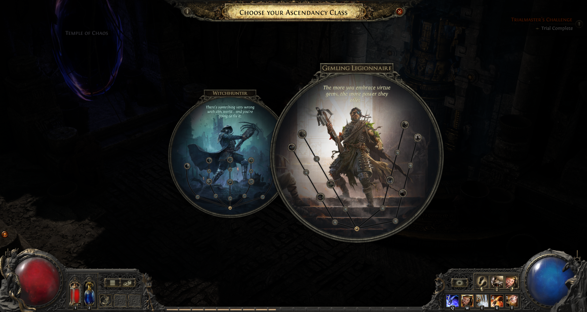 A selection screen from the video game Path of Exile 2, showcasing different character classes with distinct visuals and attributes for player choice.
