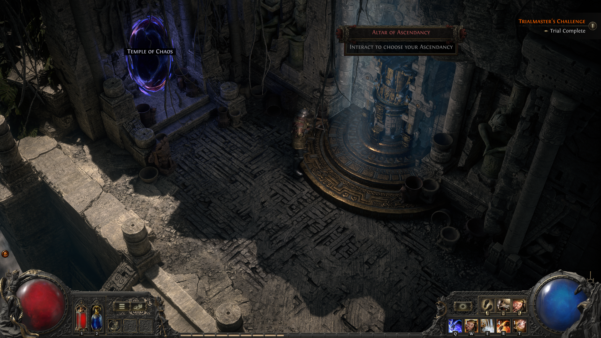 A scene from the video game Path of Exile 2, featuring a character in a dark, ancient environment with a glowing portal and mysterious artifacts.