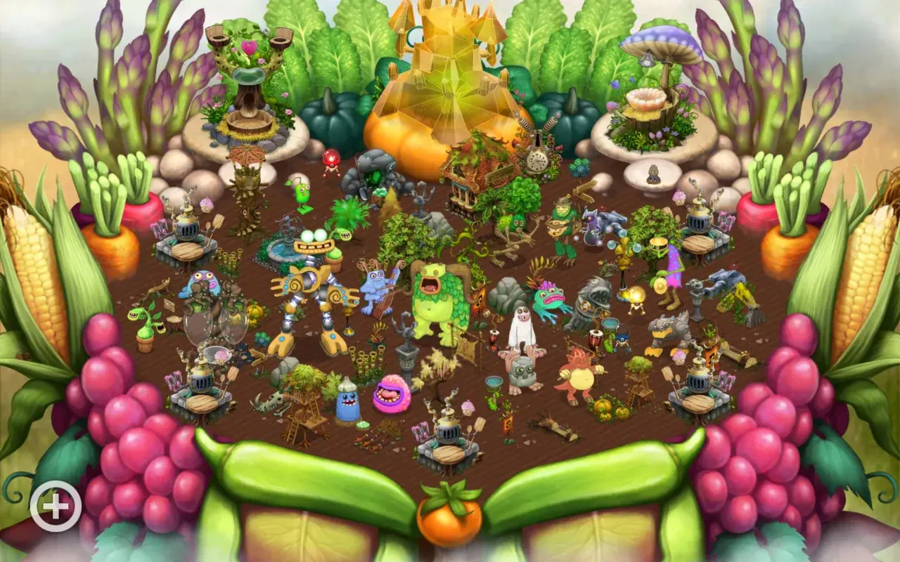 A vibrant scene from the video game My Singing Monsters, showcasing a lush landscape filled with colorful monsters, plants, and musical elements, creating a lively atmosphere.