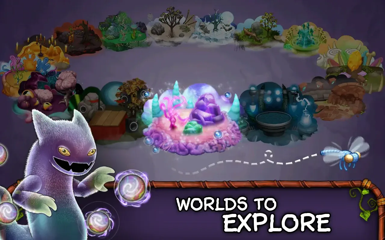 A colorful landscape from the video game My Singing Monsters, showcasing various worlds to explore, with a purple monster character and animated elements.
