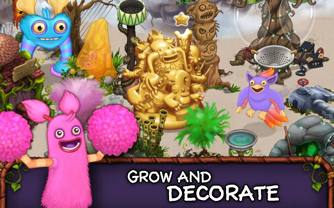 A colorful scene from the mobile game My Singing Monsters, showcasing vibrant characters and a whimsical environment for players to grow and decorate their monster islands.